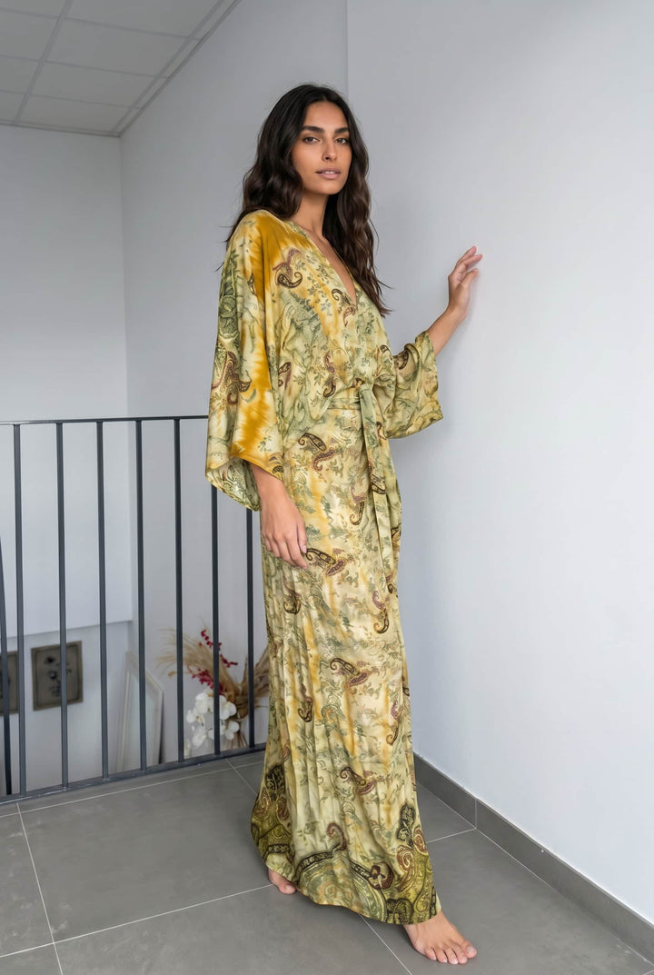 V-Neck Printed Slit Streamer Design Maxi Dress