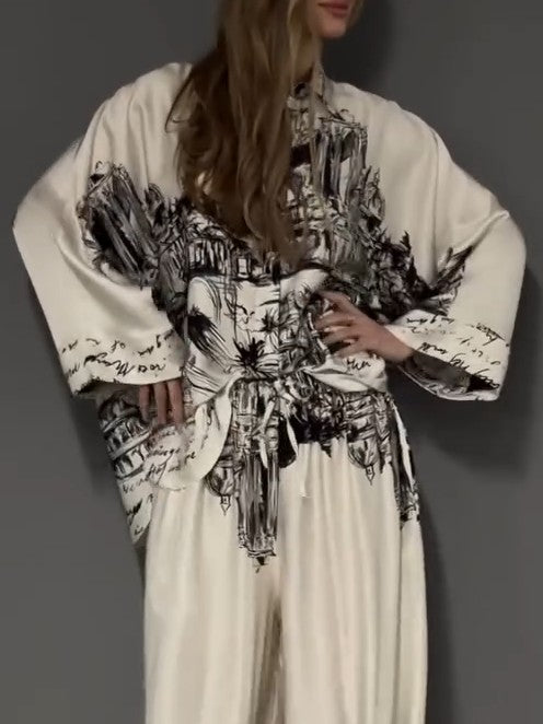 Architectural Print Satin Shirt And Pants Two-Piece Set