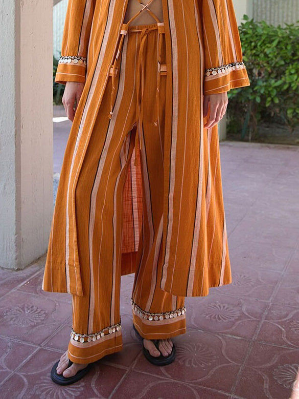 Casual Striped Lace-Up Top & Wide-Leg Pants Two-Piece Set
