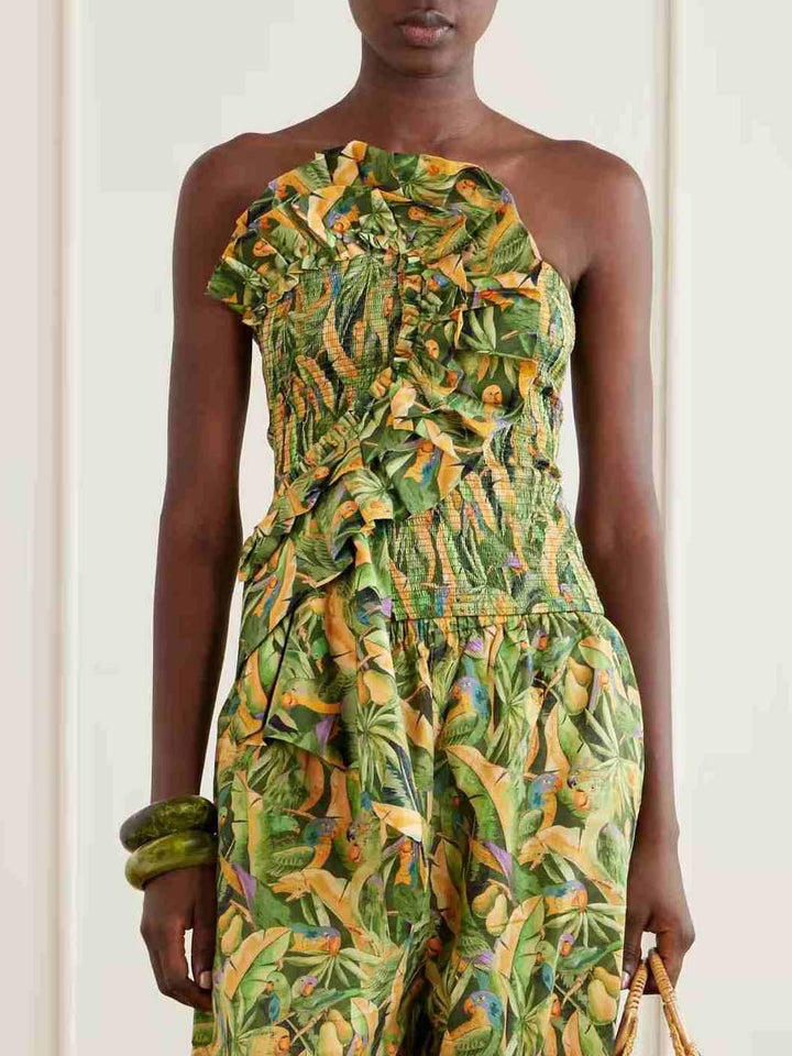 Exquisite Tropical Parrot Print Ruffle Top & Lantern Pants Two-Piece Set
