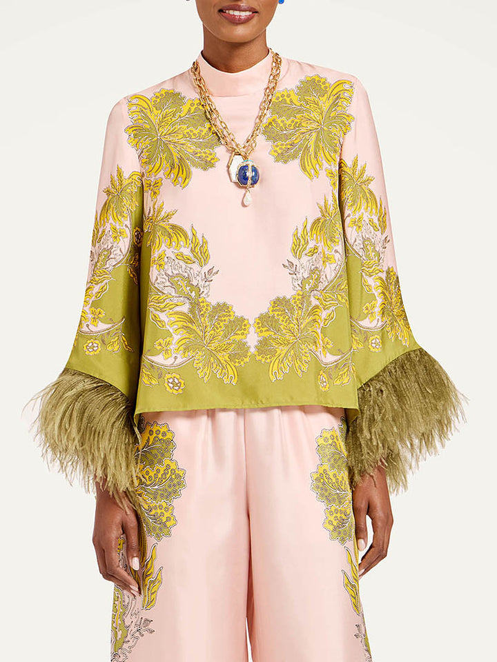 Exquisite Floral Feather Trim Crop Top