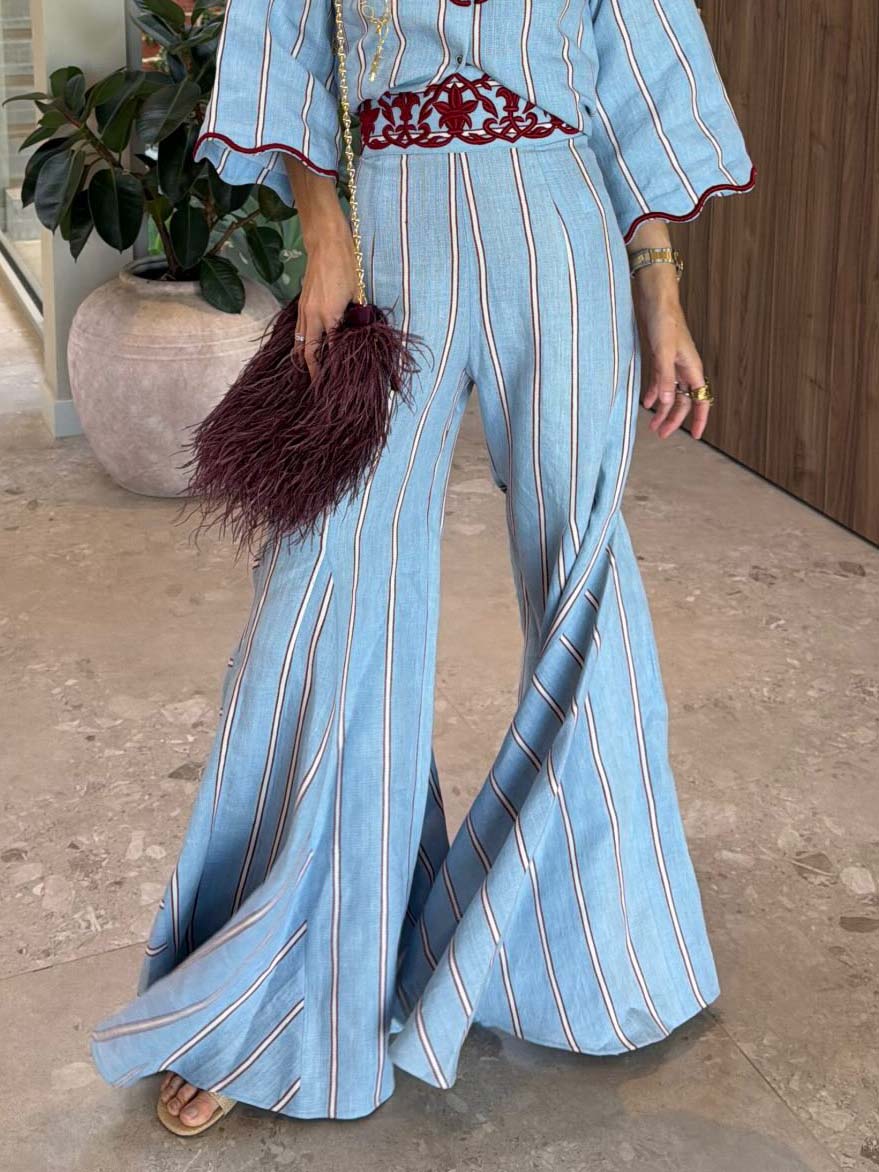 Bohemian Blue Stripe Flare Pants Two-Piece Set