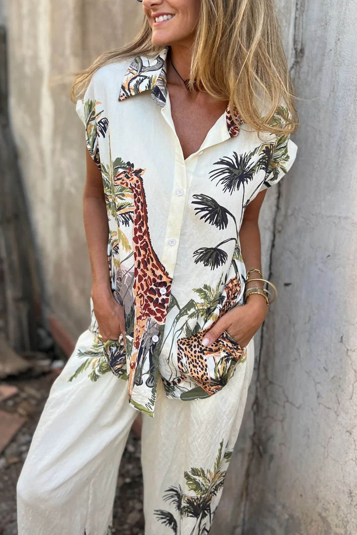Unique Jungle Print Elastic Waist Pocket Wide-Leg Pants