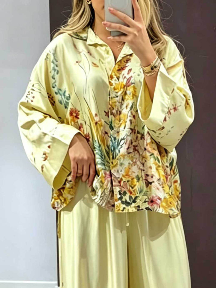 Elegant Floral Print Satin Button Shirt
