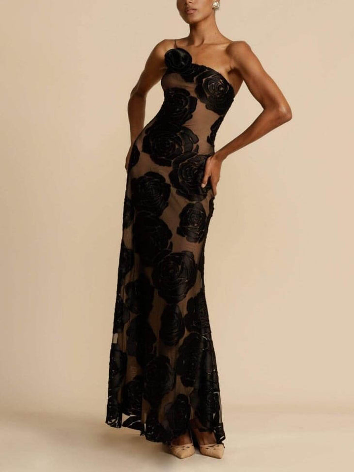 Robe longue à fleurs brûlées en trois dimensions à fleurs roses
