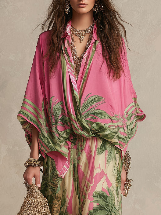 Bohemian Tropical Print Flowy Top & Wide-Leg Pants Two-Piece Set