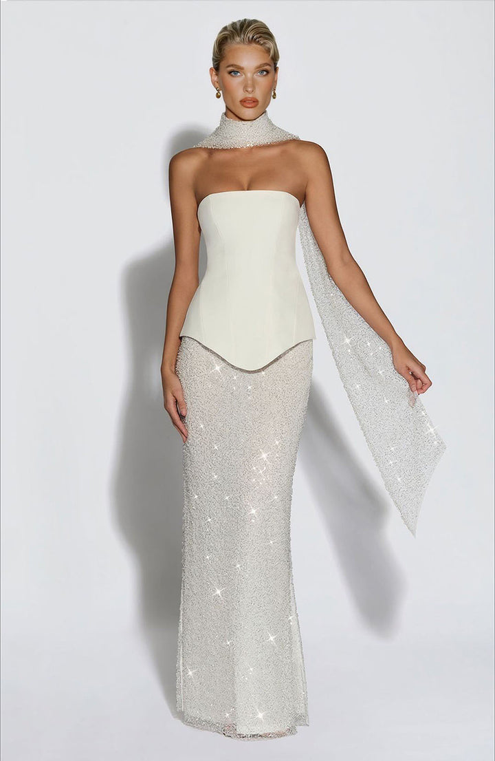 Elegant Strapless Sequin Skirt And Shawl Two-Piece Set