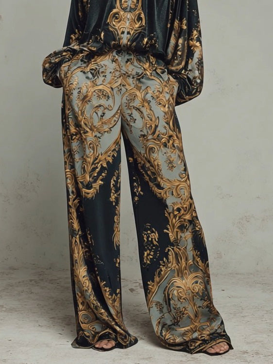 Retro Baroque Print Deep V-Neck Relaxed Fit Blouse