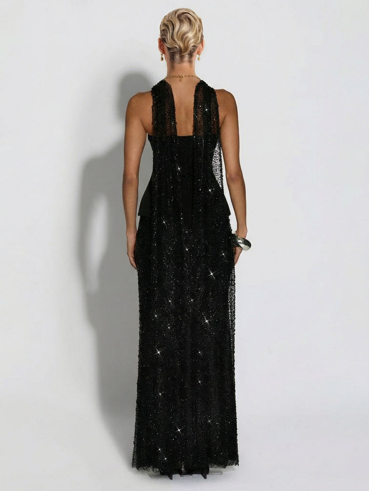 Elegant Strapless Sequin Skirt And Shawl Two-Piece Set