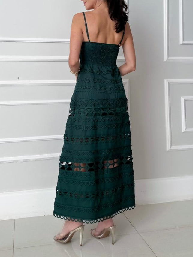 Elegant Lace Hollow-Out Spaghetti Strap Midi Dress