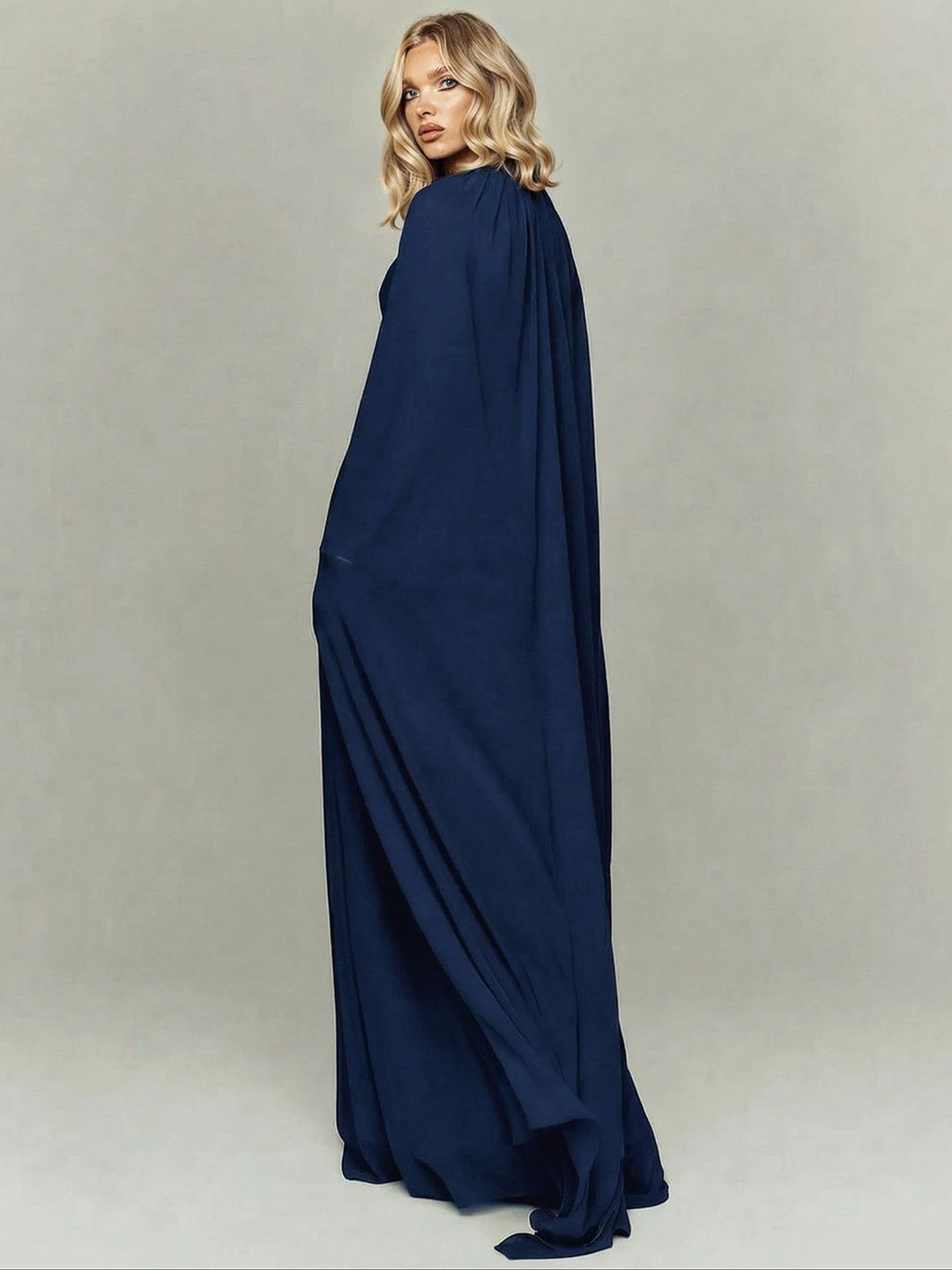 Elegant Strapless Ruched Maxi Dress With Flowing Cape