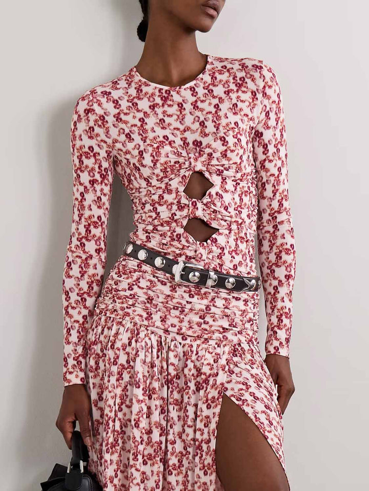 Exquisite Pleated Openwork Floral Print Stretch Knit T-shirt