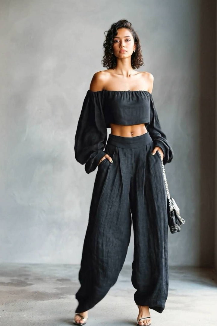 Off-Shoulder Short Top And Wide Leg Pants Set