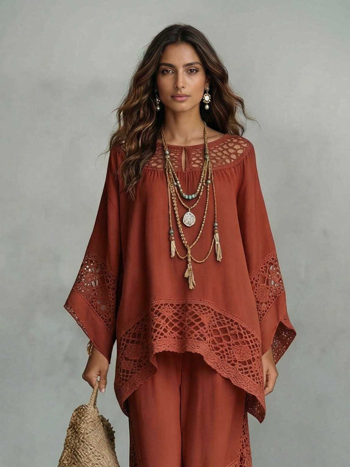 Casual Crocheted Lace Loose Kaftan Top Two-Piece Set