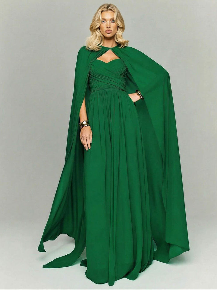 Elegant Strapless Ruched Maxi Dress With Flowing Cape