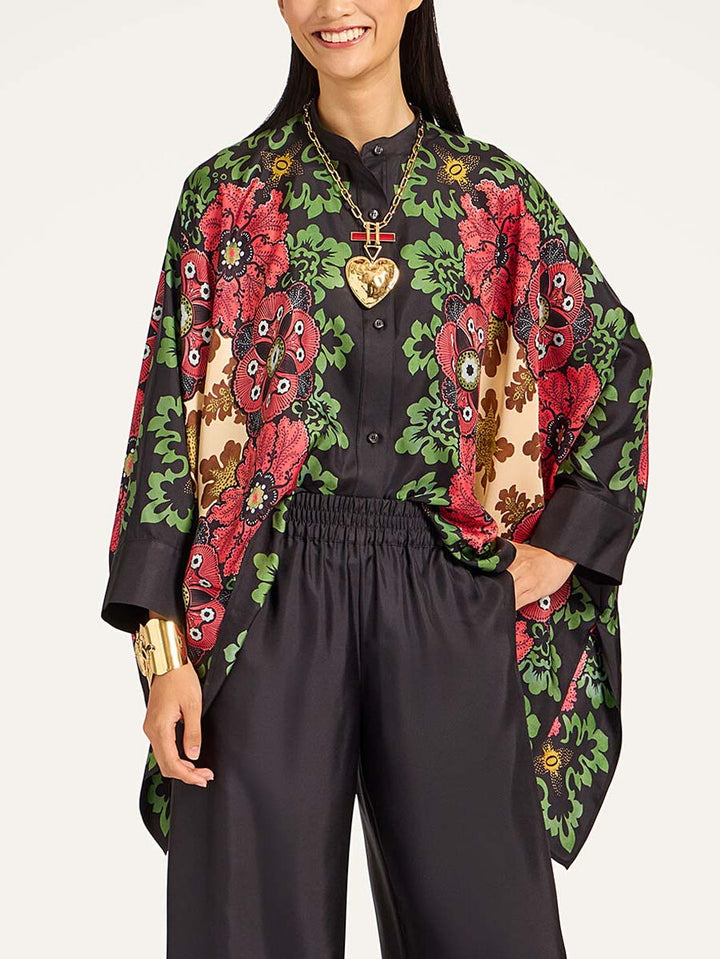 Exquisite Satin Floral Border Wide-Leg Pants