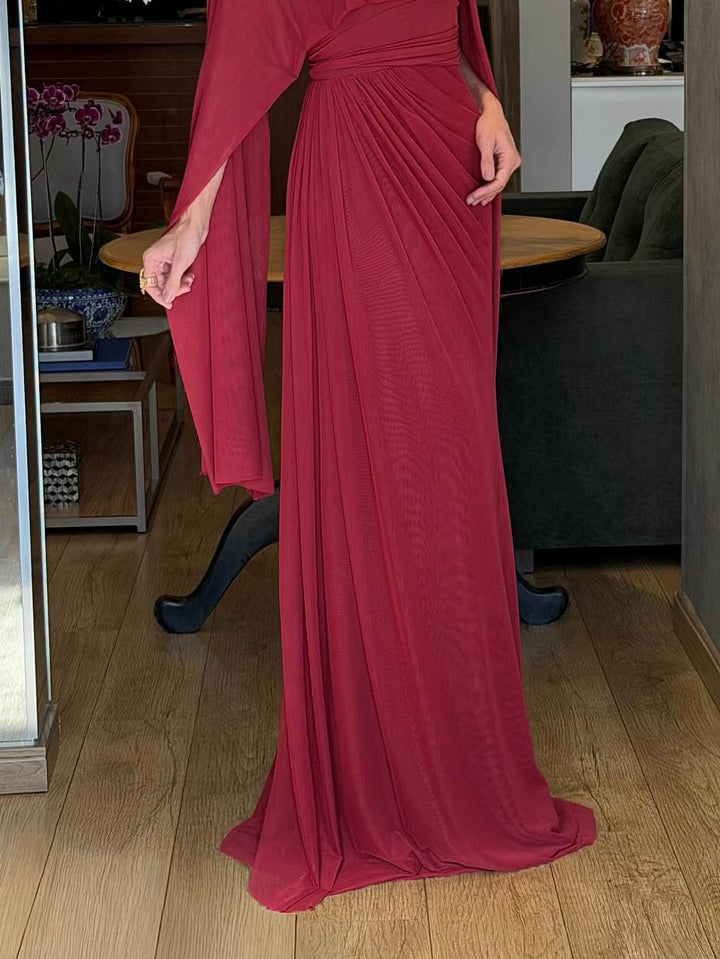 Elegant Round Neck Cape Sleeve Draped Chiffon Maxi Dress
