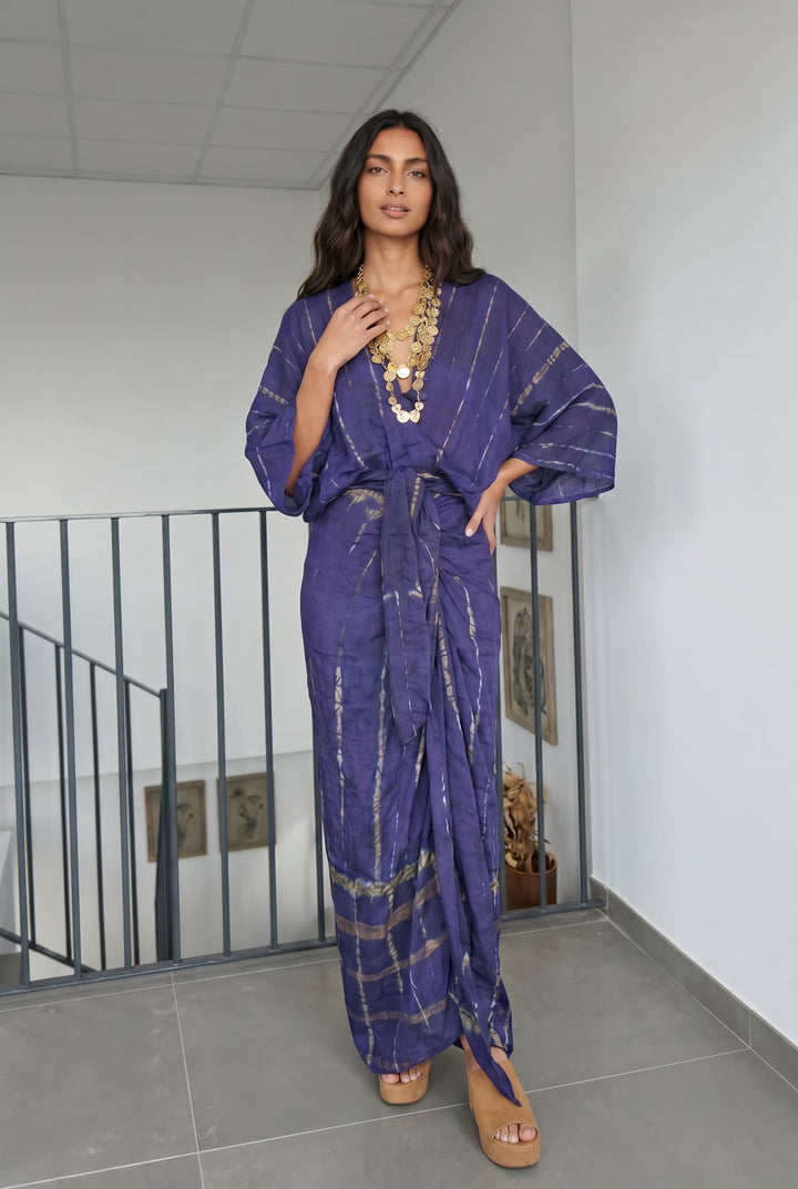 V-Neck Printed Slit Streamer Design Maxi Dress