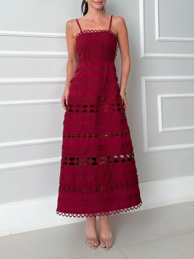 Elegant Lace Hollow-Out Spaghetti Strap Midi Dress