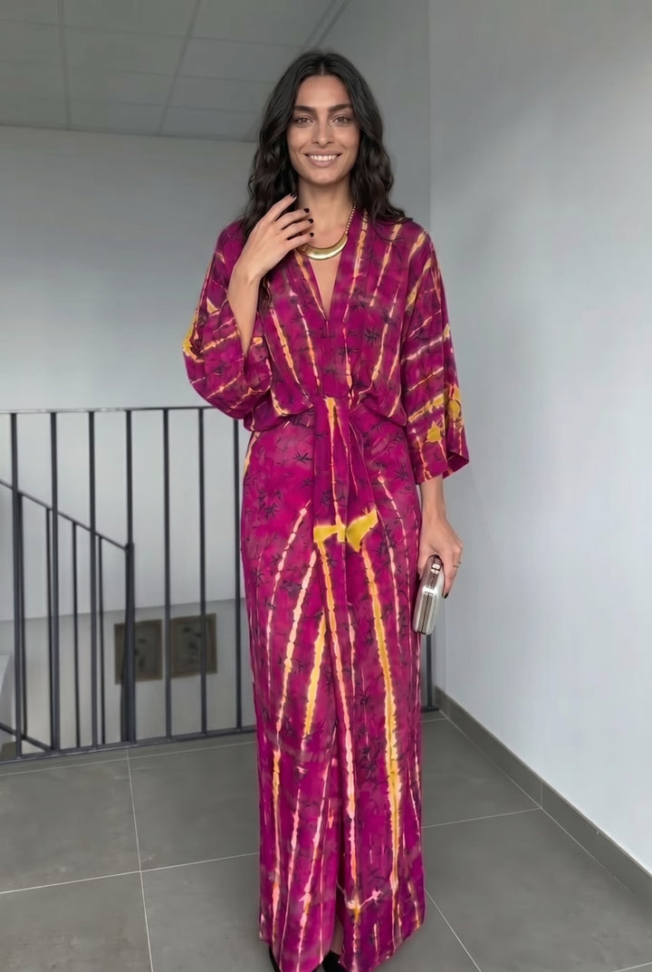 V-Neck Printed Slit Streamer Design Maxi Dress