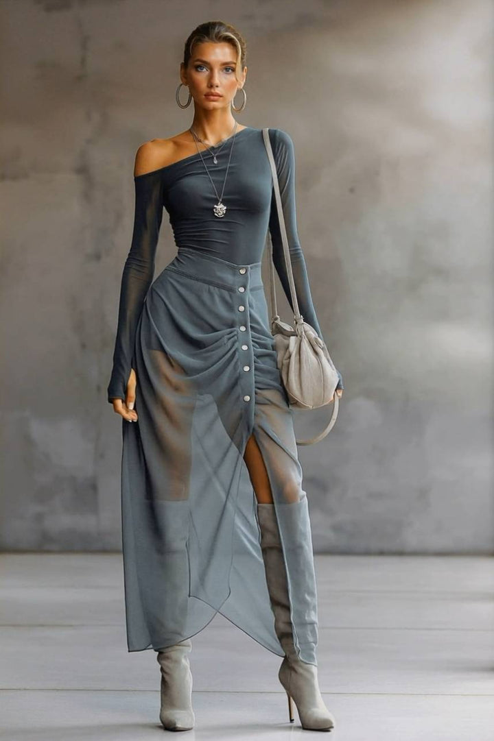 Off-Shoulder Pleated Maxi Dress