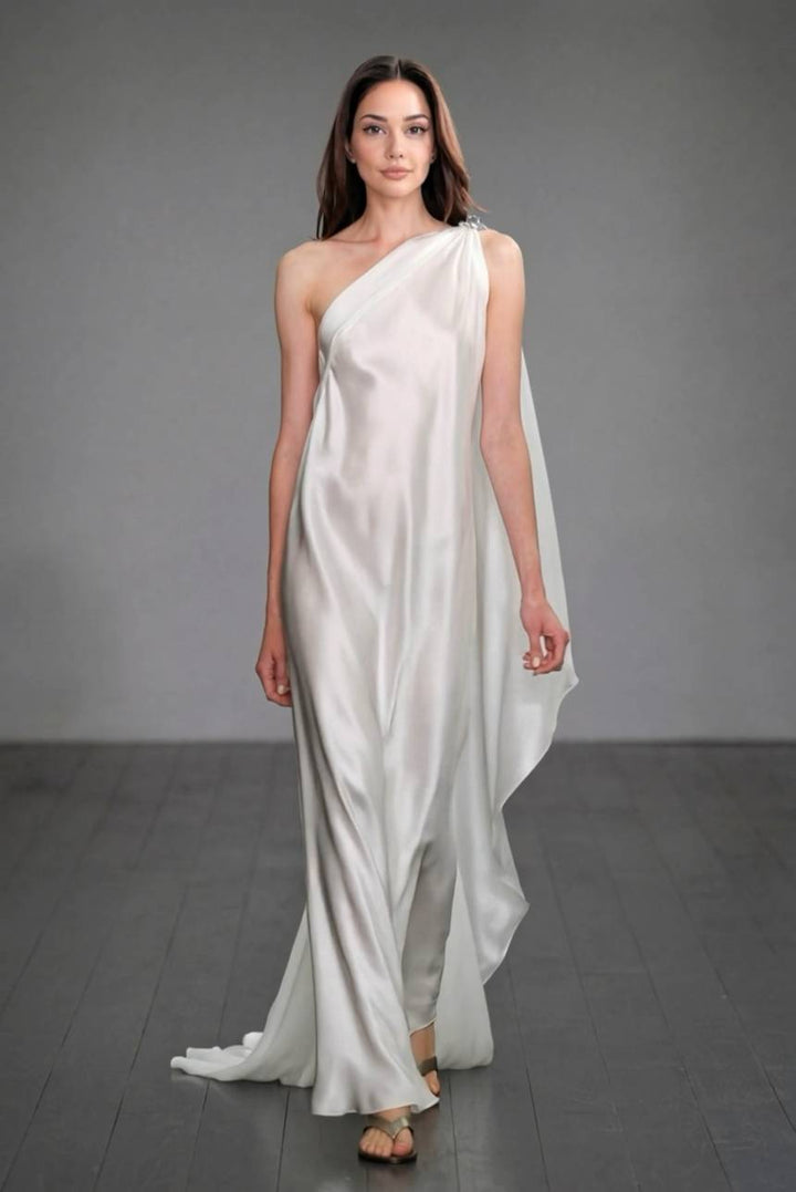 Slant Shoulder A- Line Maxi Dress