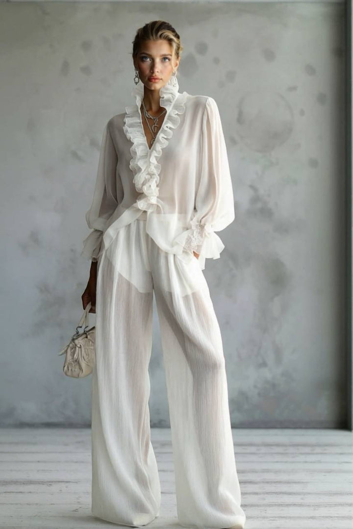 Lace Long Sleeve Shirt And Wide Leg Pants Set