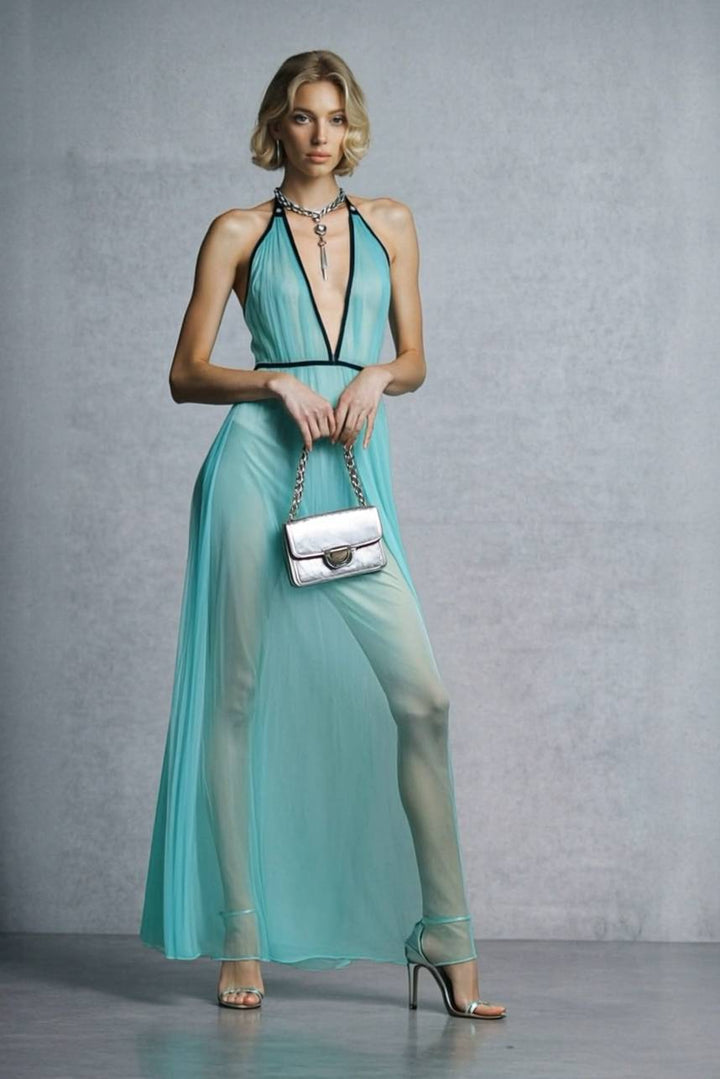 Color Contrast Halter-Neck High Waist Maxi Dress