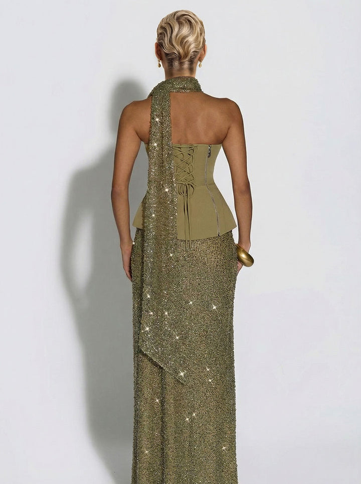 Elegant Strapless Sequin Skirt And Shawl Two-Piece Set