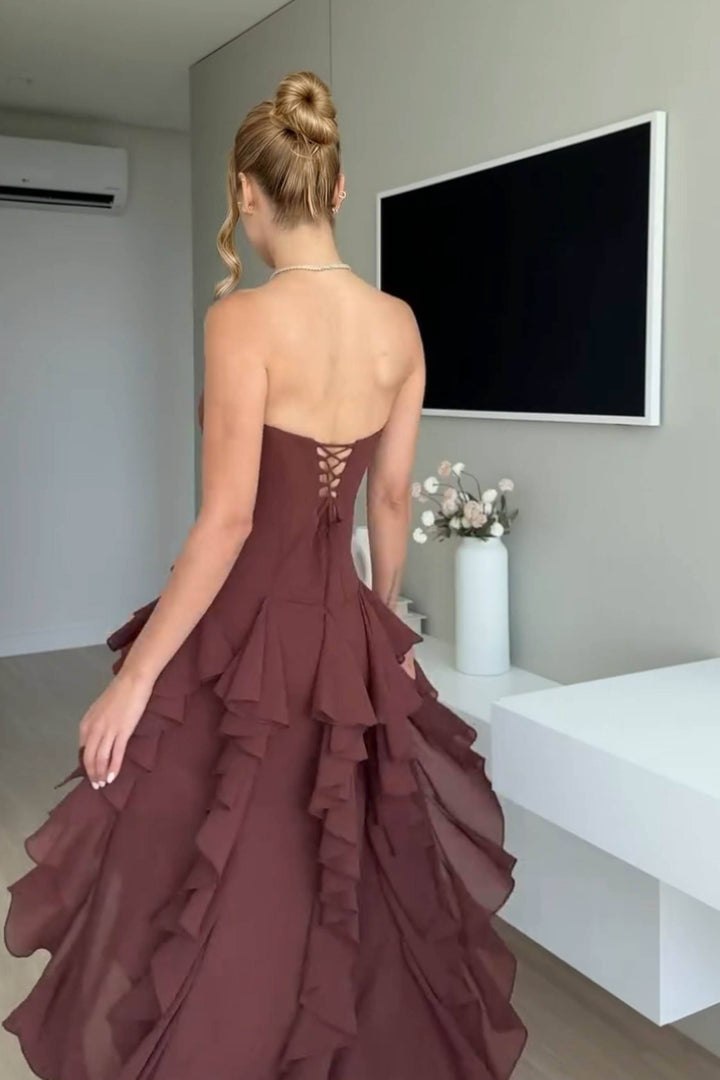 Pleated Strapless Ruffle Slit Dress