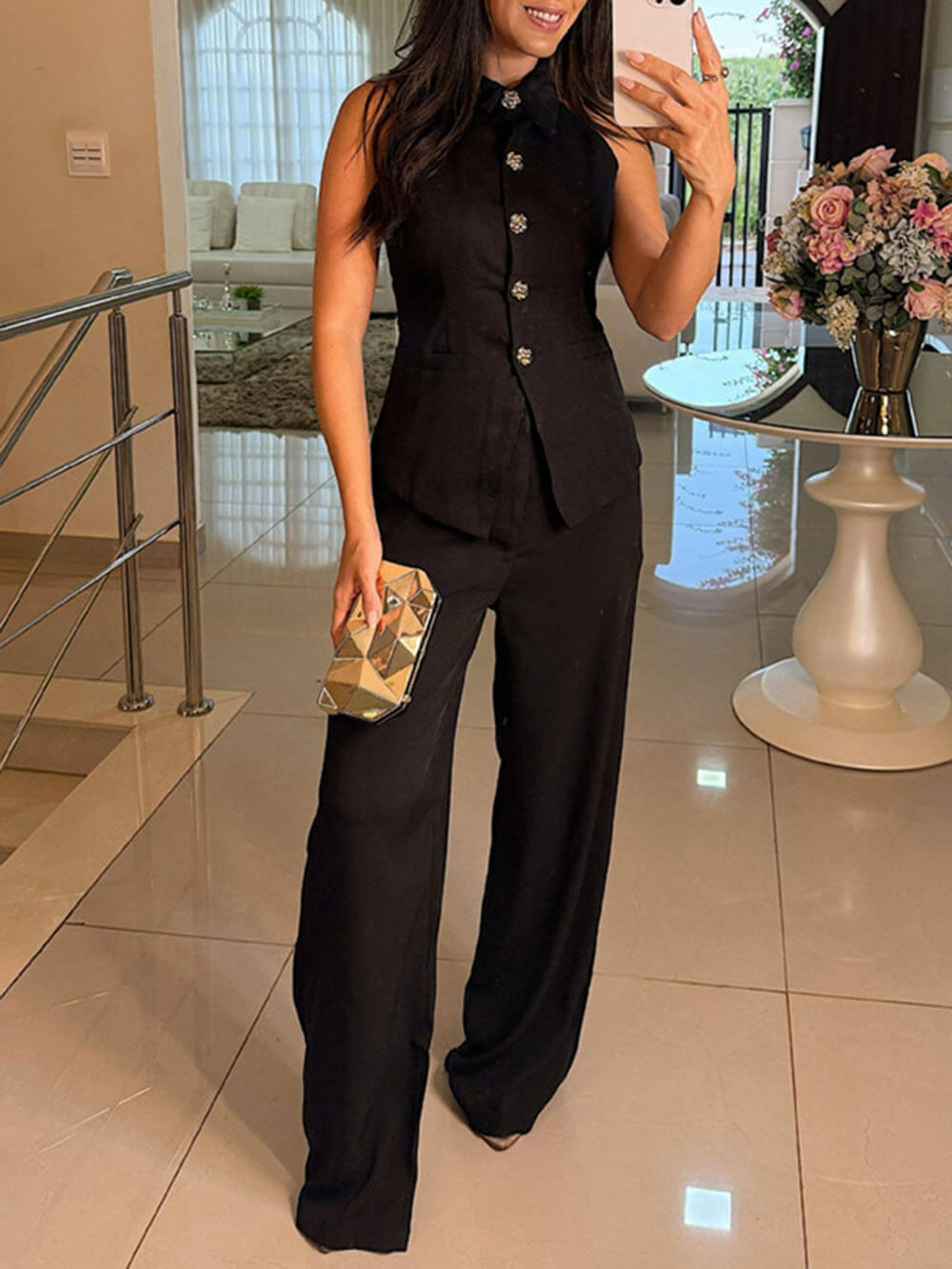 Perfect Charm Elegant Solid Pocket Wide-Leg Pants