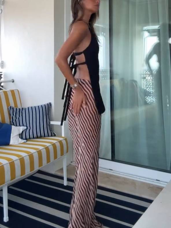 Slant-neck Backless Top And Sstripe Printed Wide Leg Pants Set-Top
