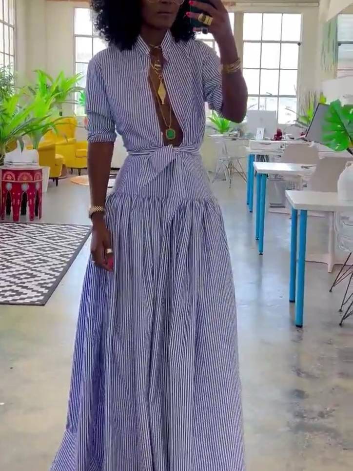 Striped Stand Collar Shirt And Skirt Suit-Skirt