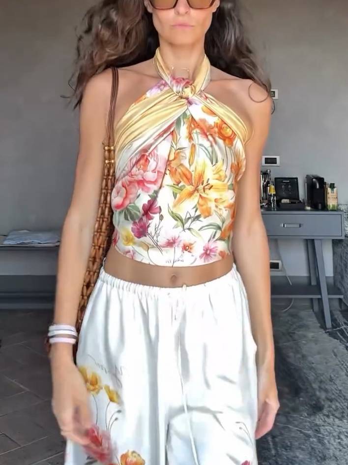 Vacation Style Floral Print Scarf Top And Wide Leg Pants Set-Pants