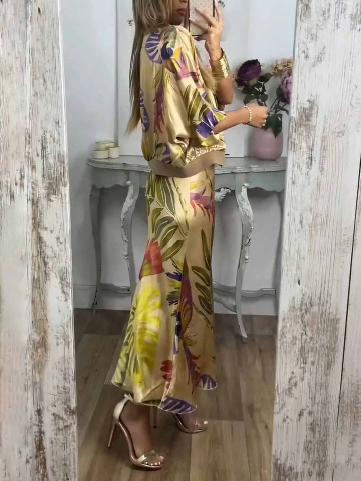 Retro Parrot And Palm Leaf Print Two-Piece Set