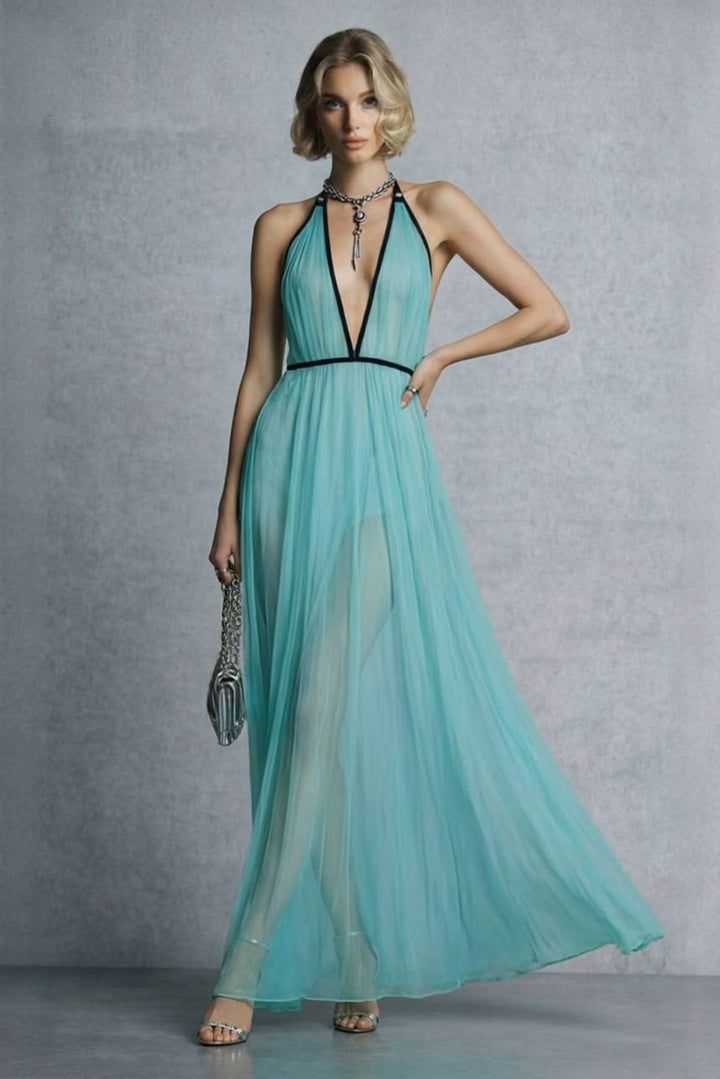 Color Contrast Halter-Neck High Waist Maxi Dress