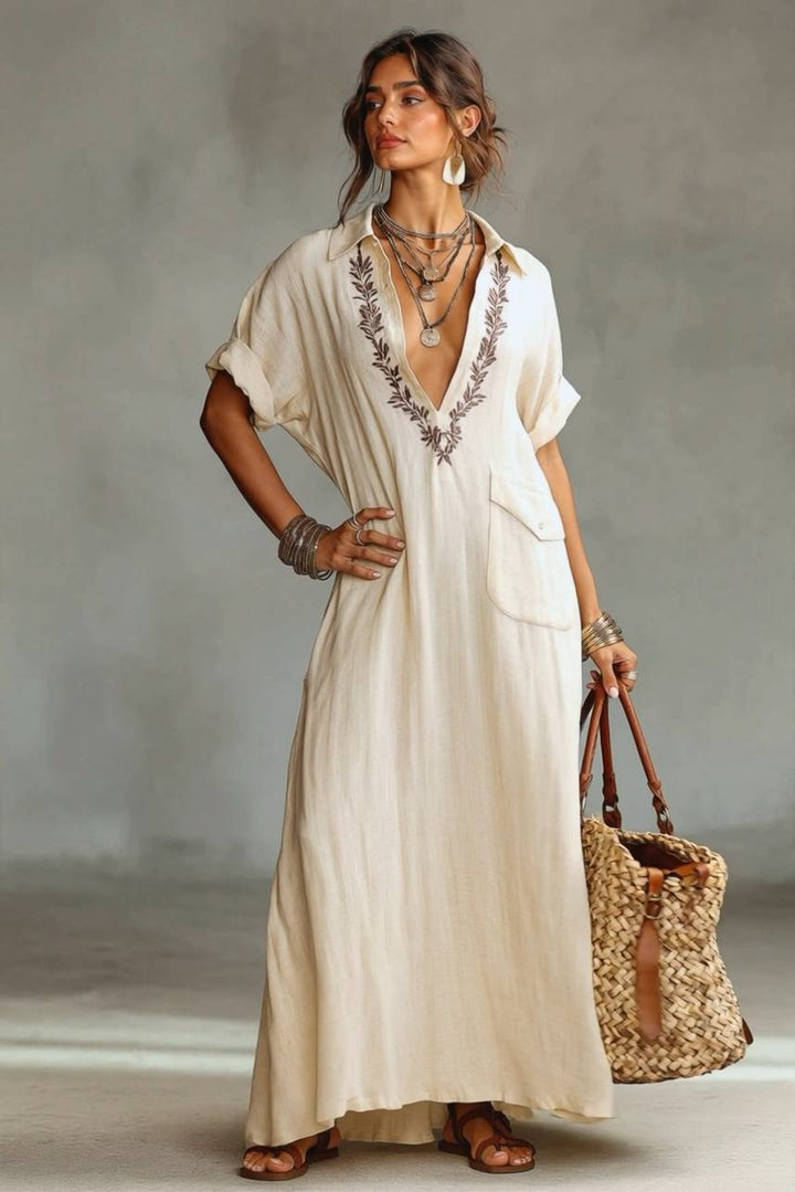 V-Neck Embroidered Maxi Dress