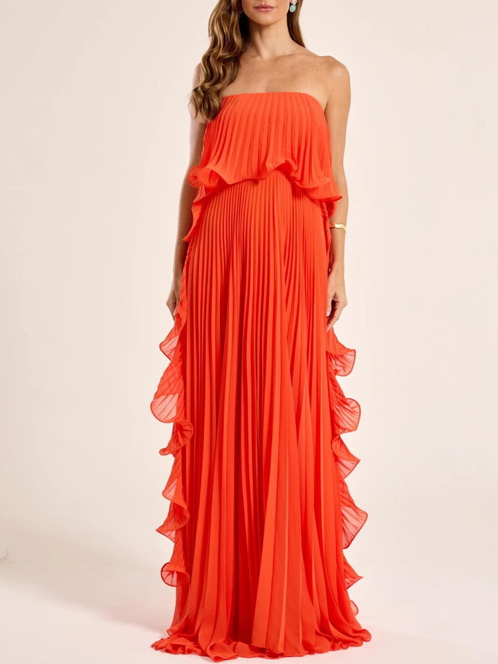 Elegant Strapless Pleated Ruffled Chiffon Maxi Dress