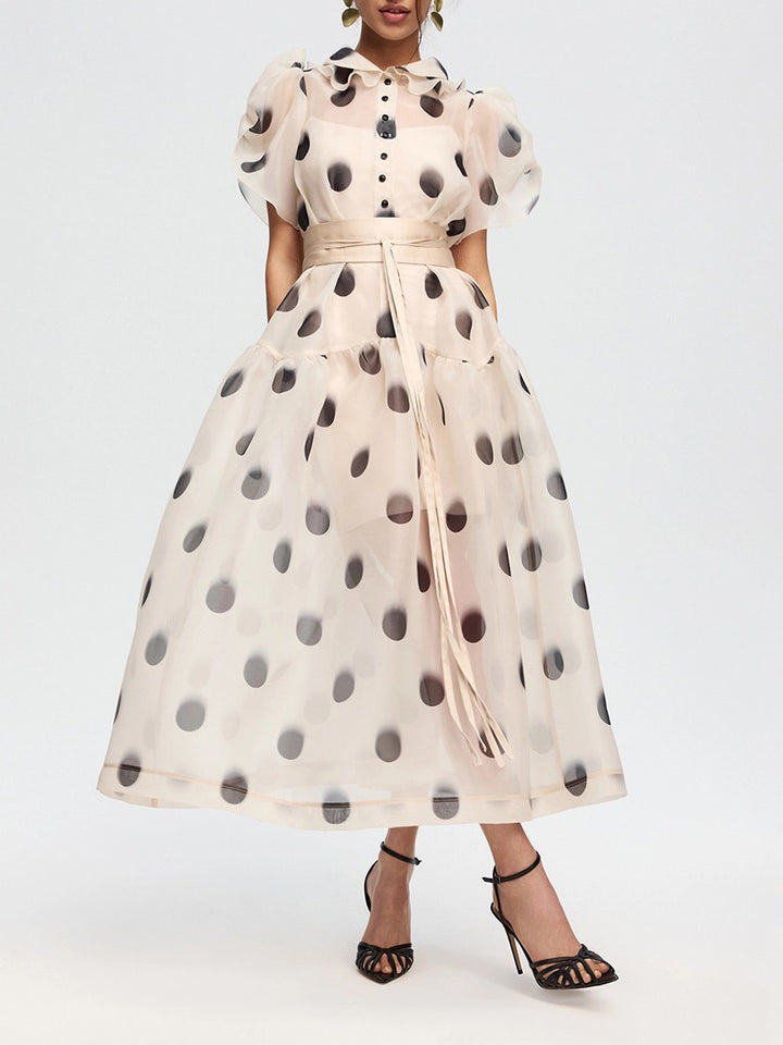 Elegant Polka Dot Organza Puff Sleeve Midi Dress