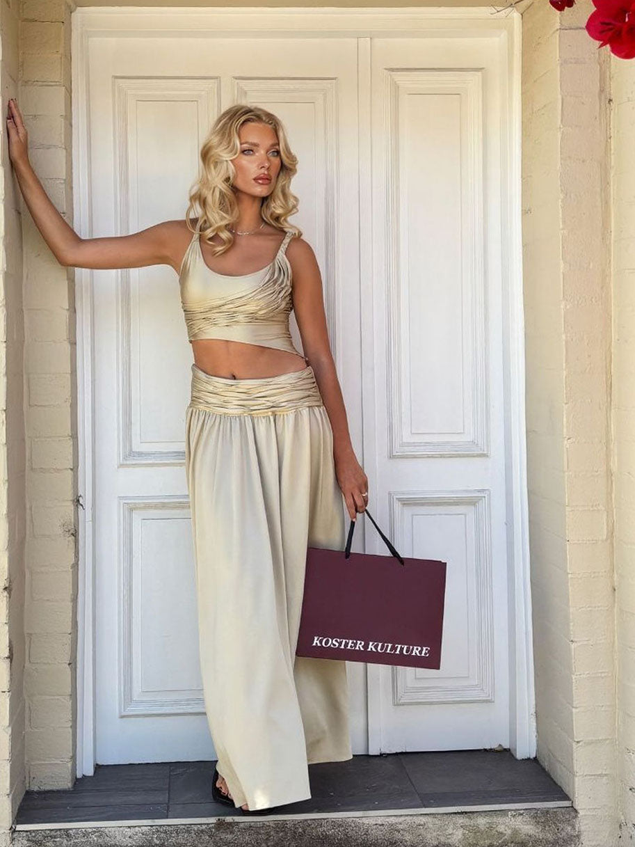 Elegant Ruched One-Shoulder Crop Top And Wide-Leg Pants Set