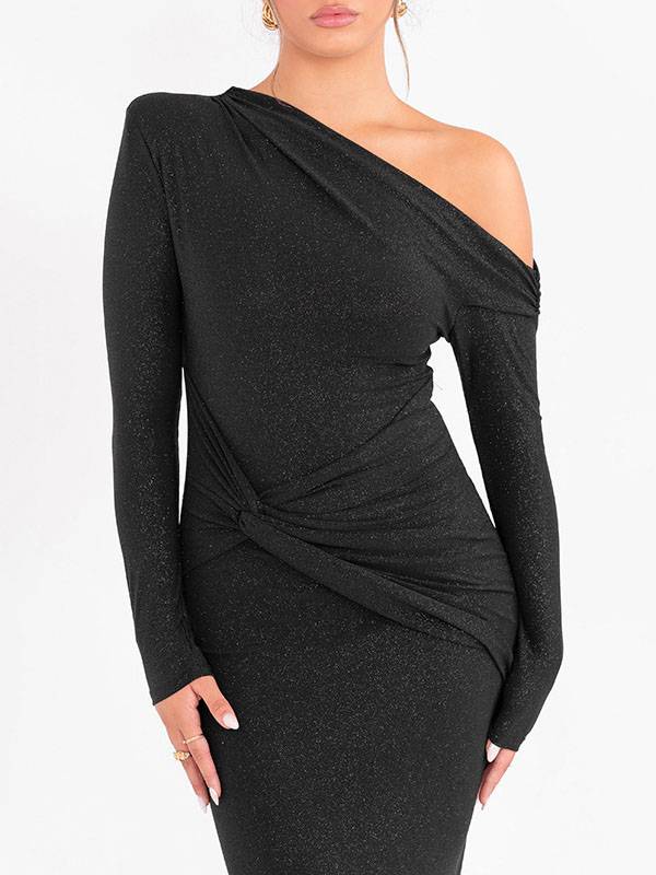 Shiny Off-Shoulder Pleated Maxi Dress