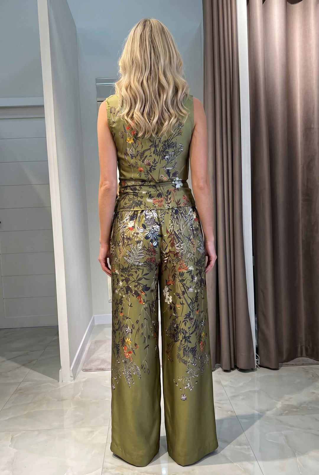 Printed Lace-Up Top And Wide Leg Pants Set