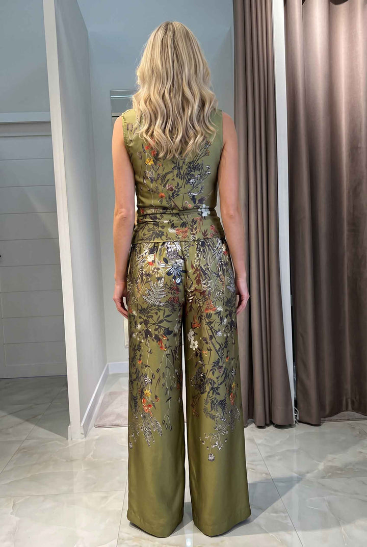 Printed Lace-Up Top And Wide Leg Pants Set
