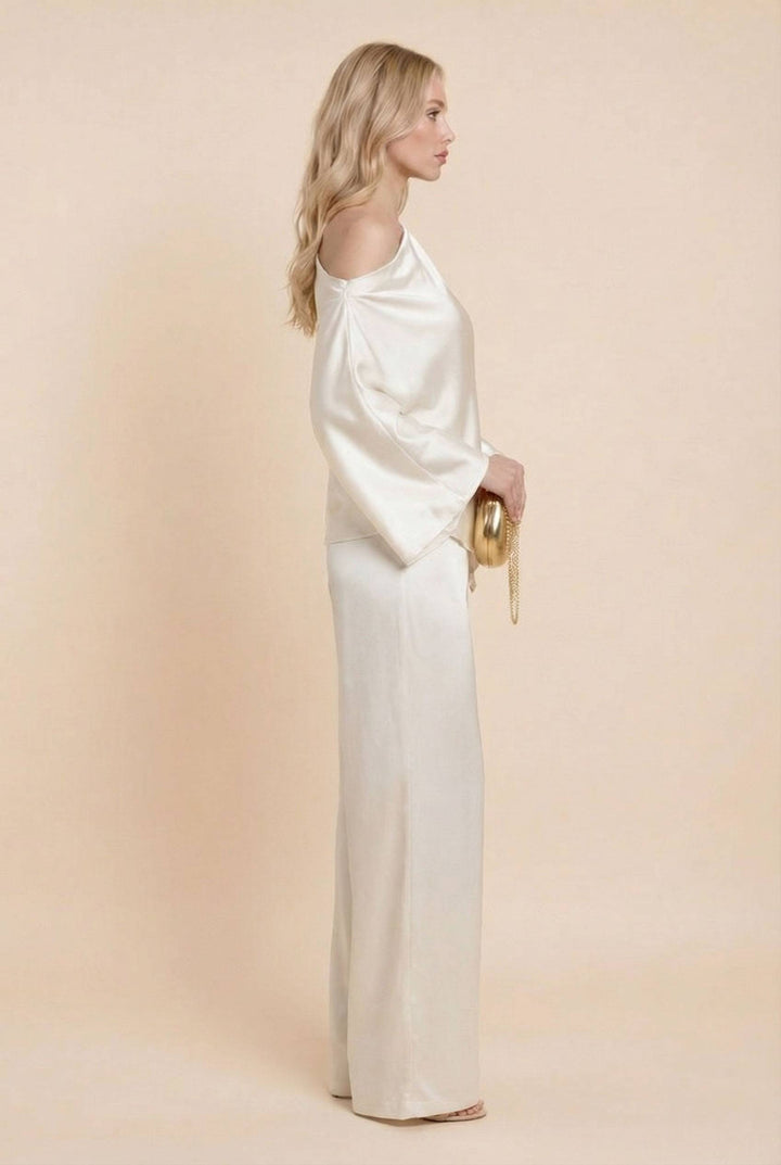Off-Shoulder Asymmetric Shirt And Wide Leg Pants Set