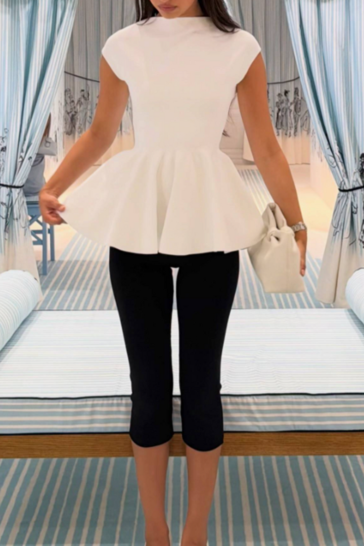 Elegant Office Stand Collar Peplum Top Slim Capri Pants Two Piece Outfits