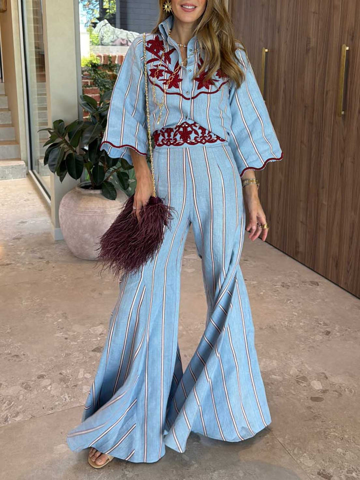 Bohemian Blue Stripe Flare Pants Two-Piece Set