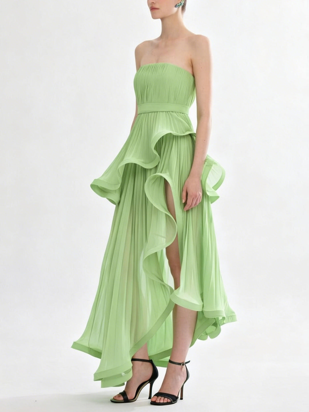 Elegant Strapless Ruffle Tiered High Slit Ruched Maxi Dress