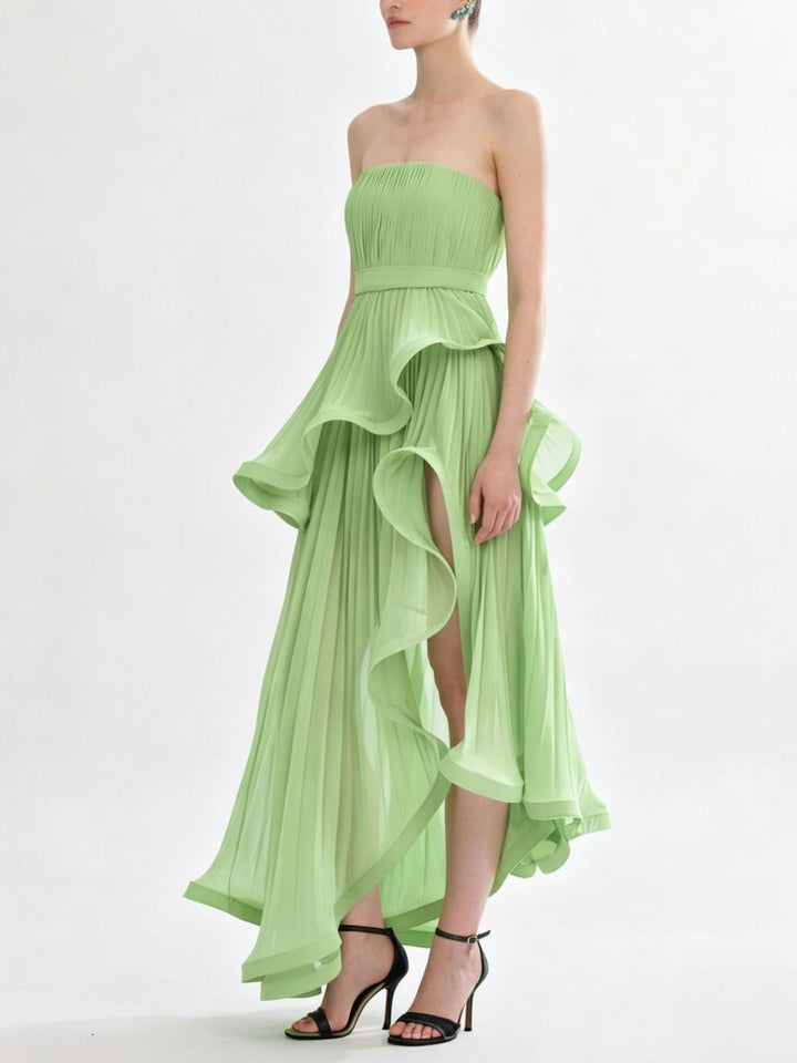 Elegant Strapless Ruffle Tiered High Slit Ruched Maxi Dress