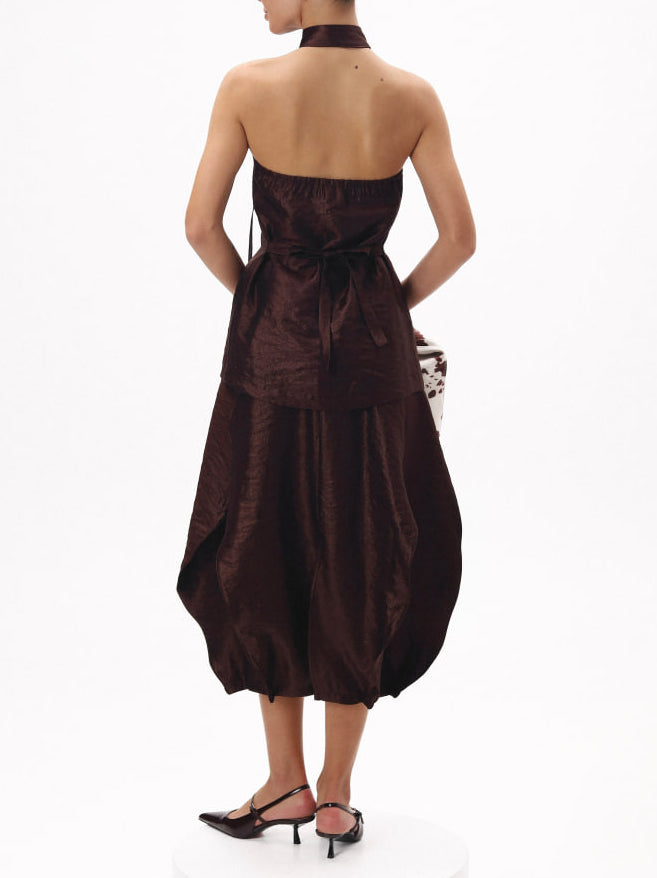 Elegant Textured Brown Halter Two-Piece Set