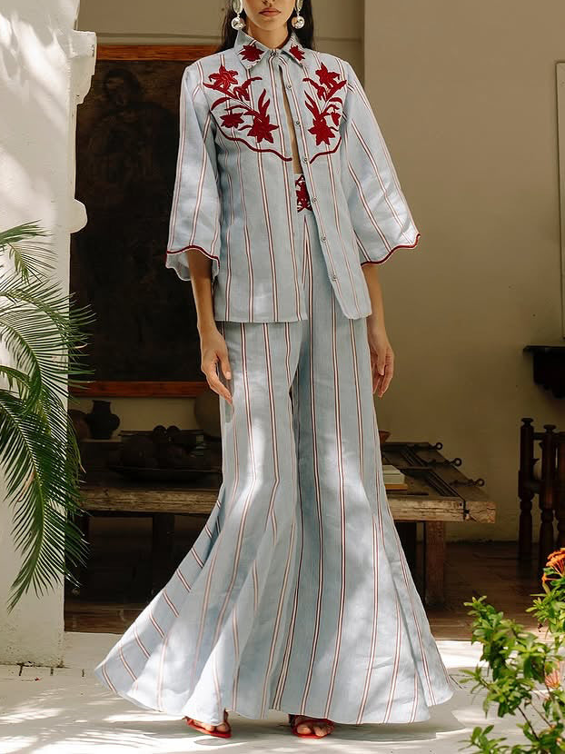 Bohemian Blue Stripe Flare Pants Two-Piece Set